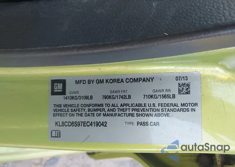 2014 Chevrolet Spark 1Lt Auto из США, поврежденный, VIN KL8CD6S97EC419042